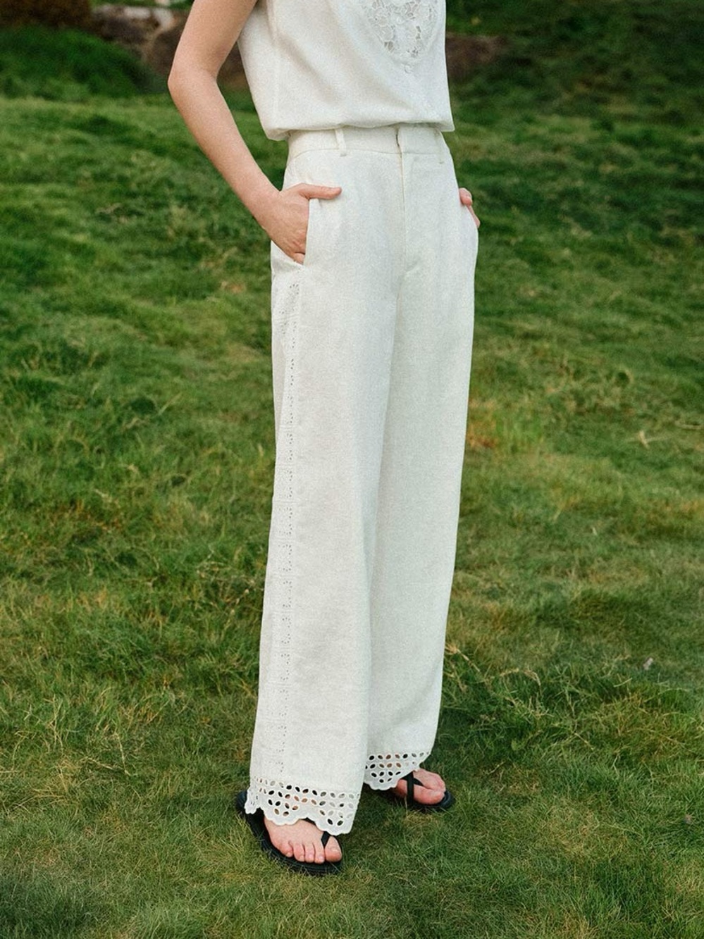 NWT Petite Studio NYC Dasha Eyelet Linen Pants - White, XS